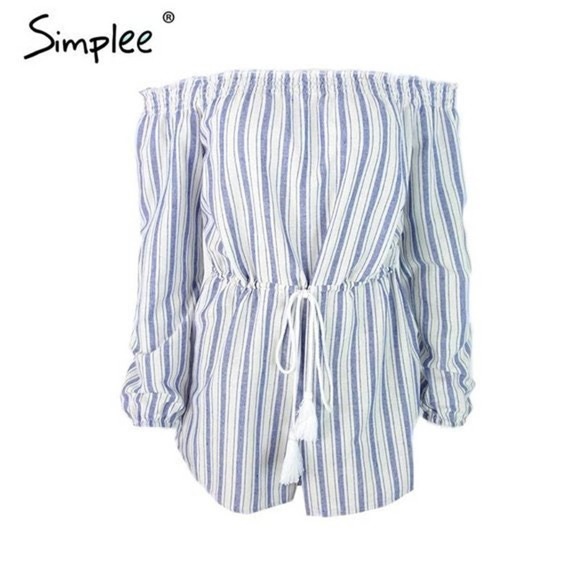 ⤵️🆕 Simplee Sexy off shoulder blue striped jumpsuit - Picture 7 of 10